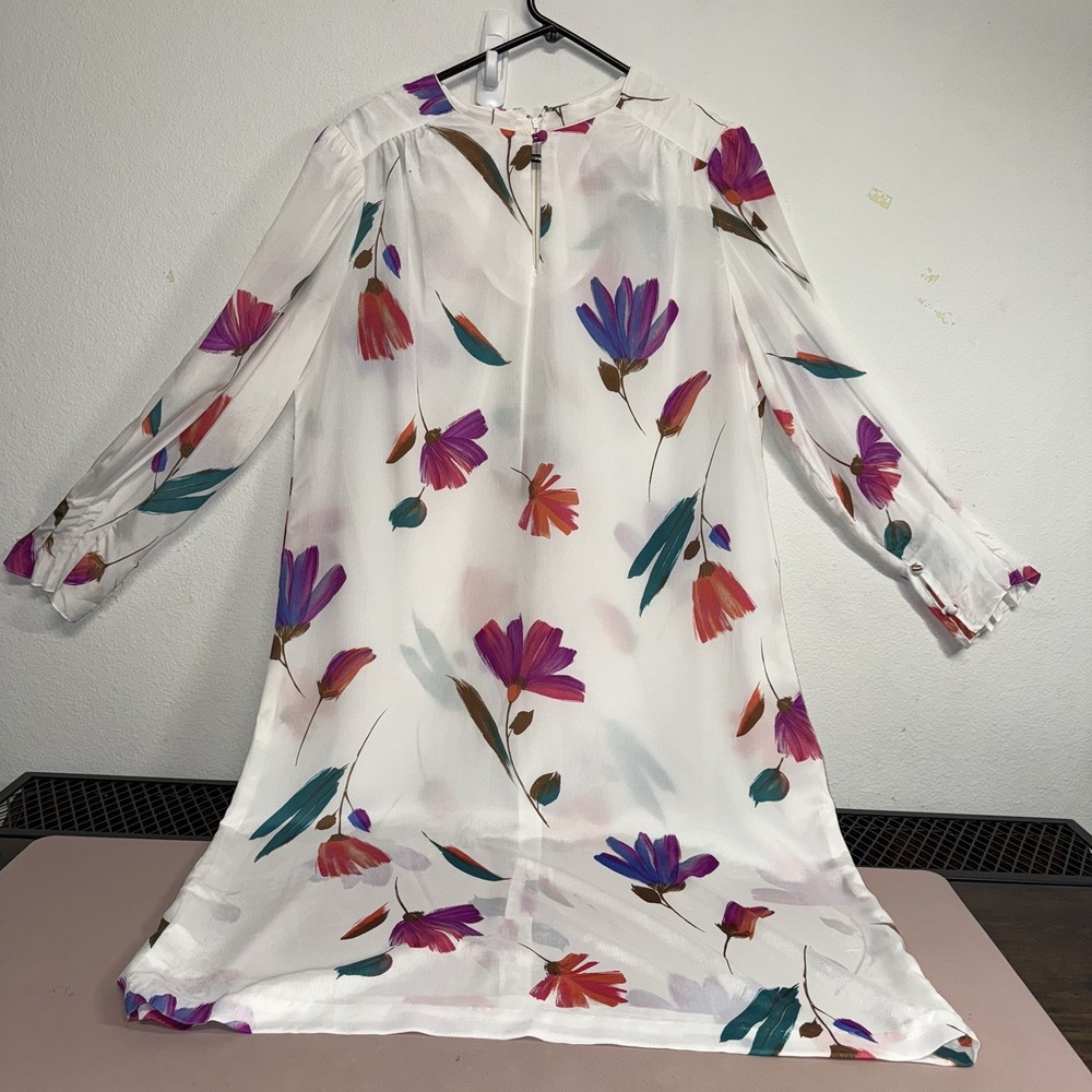 First Lady Vintage Floral Sheer Dress Womens S/M White Long‎ Sleeve Zip Back